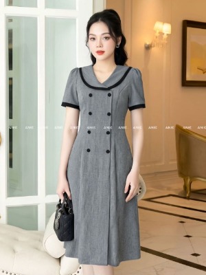 Đầm Xám Phối Viền Cổ Đen