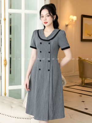 Đầm Xám Phối Viền Cổ Đen