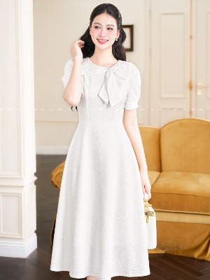 Đầm Trắng Vân Cổ Nơ White