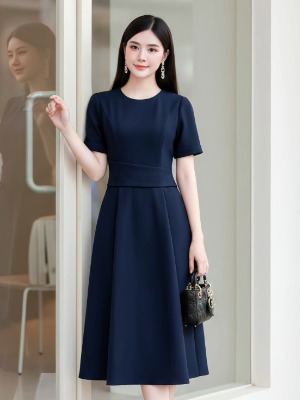 Đầm Xòe Xanh Đen Bảng Eo 