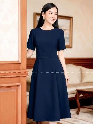 Đầm Xòe Xanh Đen Bảng Eo 