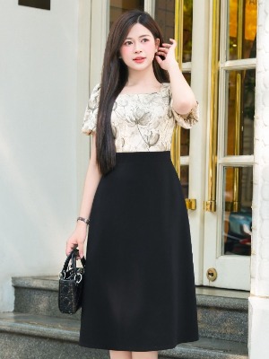 Đầm Liền Hoa Xám Lụa Vân Dáng A