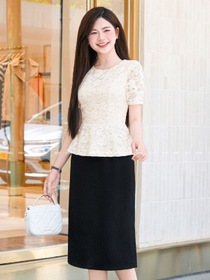 Đầm Peplum Ren Đen Trắng Kem