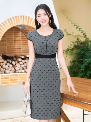 Đầm Xám Họa Tiết Nơ Đi Viền
