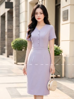 Đầm Tím Pastel Nút Bọc 
