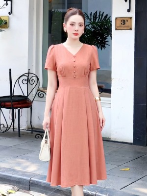 Đầm Xòe Hồng Cam Cổ V
