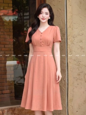 Đầm Xòe Hồng Cam Cổ V