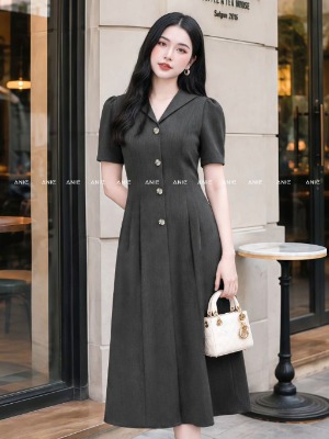 Đầm Tay Ngắn Xám Khuy Bạc