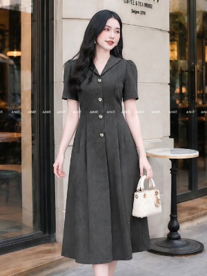 Đầm Tay Ngắn Xám Khuy Bạc