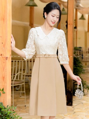 Đầm Liền Tay Lỡ Phối Ren Hoa
