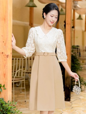 Đầm Liền Tay Lỡ Phối Ren Hoa