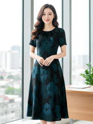 Đầm Lụa Mango Hoa Xanh Cột Nơ