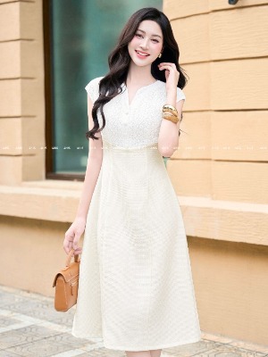 Đầm Kem Phối Thân Ren Bông