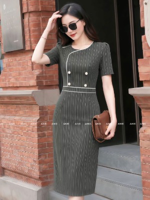 Đầm Viền Trắng Sọc Dino Xám