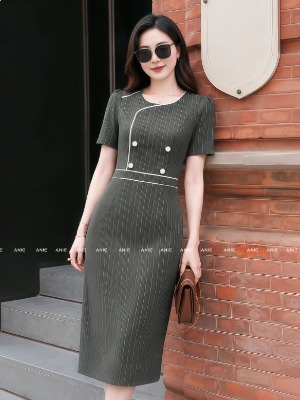Đầm Viền Trắng Sọc Dino Xám
