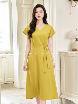 Đầm Vàng Nhún Eo Thắt Nơ
