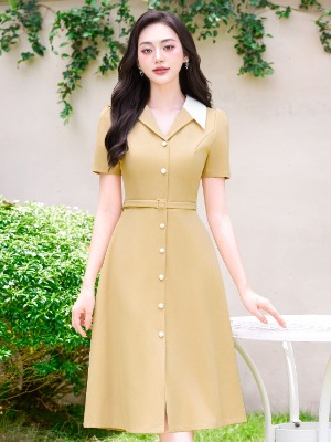 Đầm Cổ Sơ Mi 2 Màu Vàng Nhạt Kèm Đai