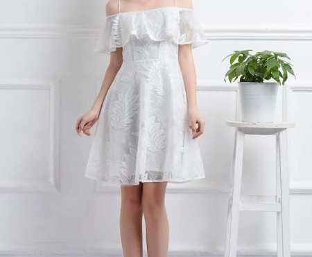 Váy dự tiệc trắng xòe trễ vai cao cấp V1425  DVC Fashion