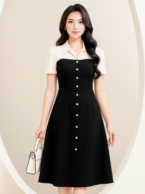 Đầm Đen Nút Dọc Mix Voan Tơ Gân