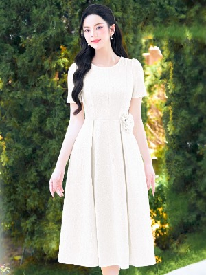 Đầm Gấm Vân Trắng Sữa 2 Lớp