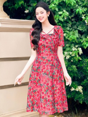 Đầm Hoa Hồng Tơ Suông 2 Lớp