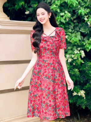 Đầm Hoa Hồng Tơ Suông 2 Lớp
