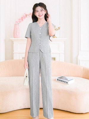 Set Bộ Kẻ Sọc Áo Cài Cúc Xám