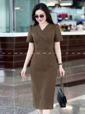 Đầm Vest Sọc Nâu Xẻ Túi
