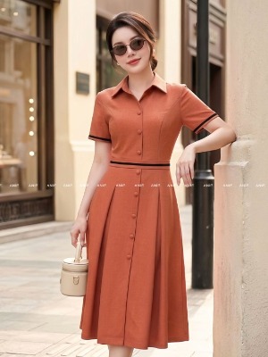 Đầm Xoè Sơ Mi Cam Đào Nút Bọc