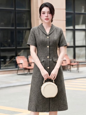 Đầm Xám Suông Đính Cúc