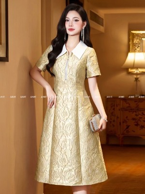 Đầm Tafta Hoa Trà Vàng Gold