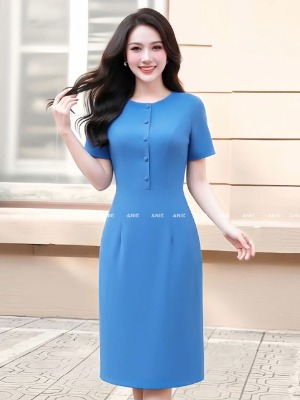 Đầm Xanh Coban Nút Bọc