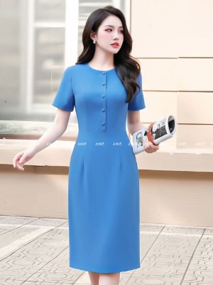 Đầm Xanh Coban Nút Bọc