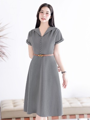 Đầm Xòe Xám Tây Đính Cúc Bọc