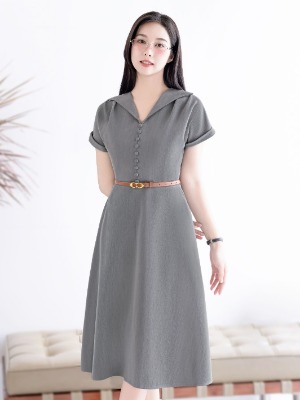 Đầm Xòe Xám Tây Đính Cúc Bọc
