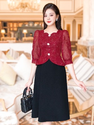 Đầm Peplum Ren Hoa Đỏ Đen