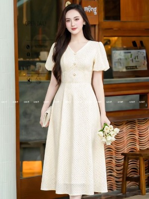 Đầm Chấm Bi Cổ Tim Tay Bồng