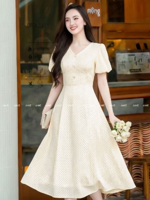 Đầm Chấm Bi Cổ Tim Tay Bồng