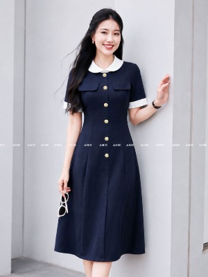 Đầm Xanh Đen Viền Trắng Túi Giả
