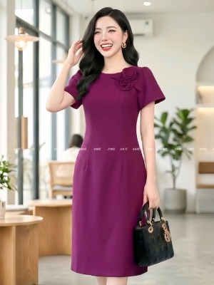 Đầm Suông Hồng Tím Hoa Vai