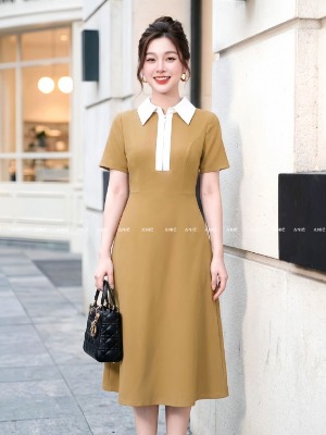 Đầm Vàng Be Cổ Sơ Mi Dây Khoá