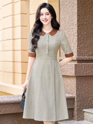 Đầm Tay Lỡ Xám Phối Cổ Cam