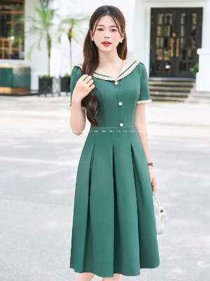 Đầm Xòe Xanh Bottle Xếp Ly