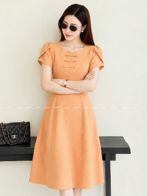 Đầm Cam Sữa Đính Nơ Oran