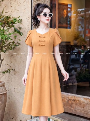 Đầm Cam Sữa Đính Nơ Oran