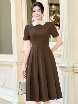 Đầm Cổ Trắng Phối Nâu Choco