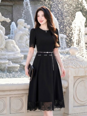 Đầm Đen Dáng Xoè Phối Ren