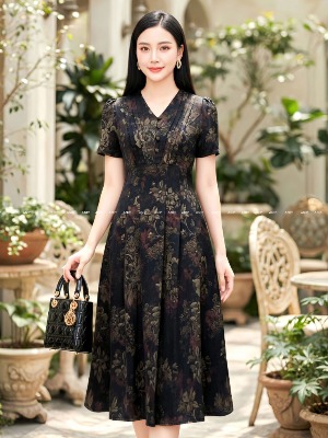 Đầm Xoè Lụa Hoa Cổ Điển
