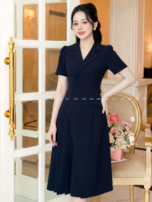 Đầm Cổ Vest Xếp Ly Xanh