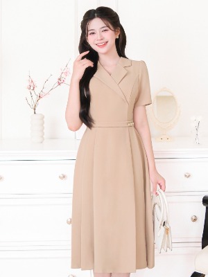 Đầm Cổ Vest Xòe Xếp Ly